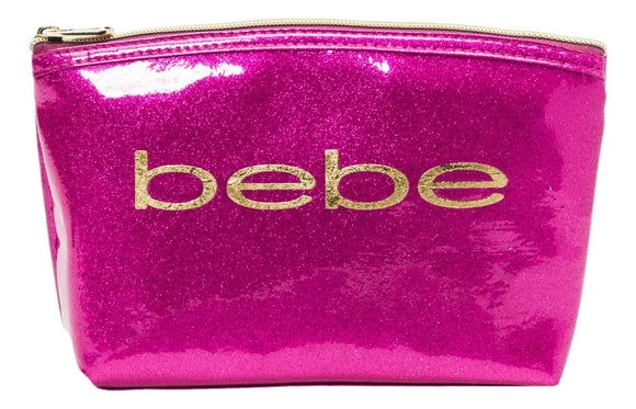 Bebe Logo Hot Pink Glitter Glam Cosmetics Zip Bag w/2 Travel Toiletry Bottles - Aura In Pink Inc.