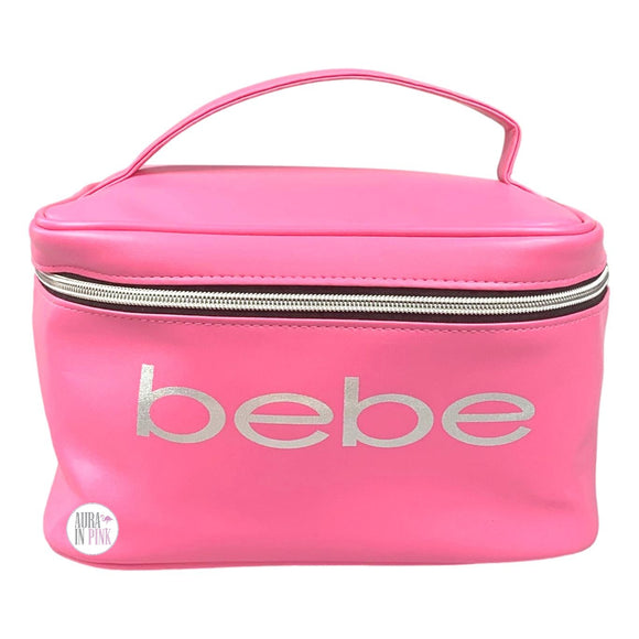 Bebe Pink Faux Leather Cosmetics Carryall Zip Bag Train Case w/Handle - Aura In Pink Inc.