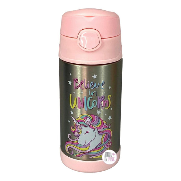 Believe In Unicorns Stainless Steel Double Wall Insulated Pink Flip-Top Water Bottle