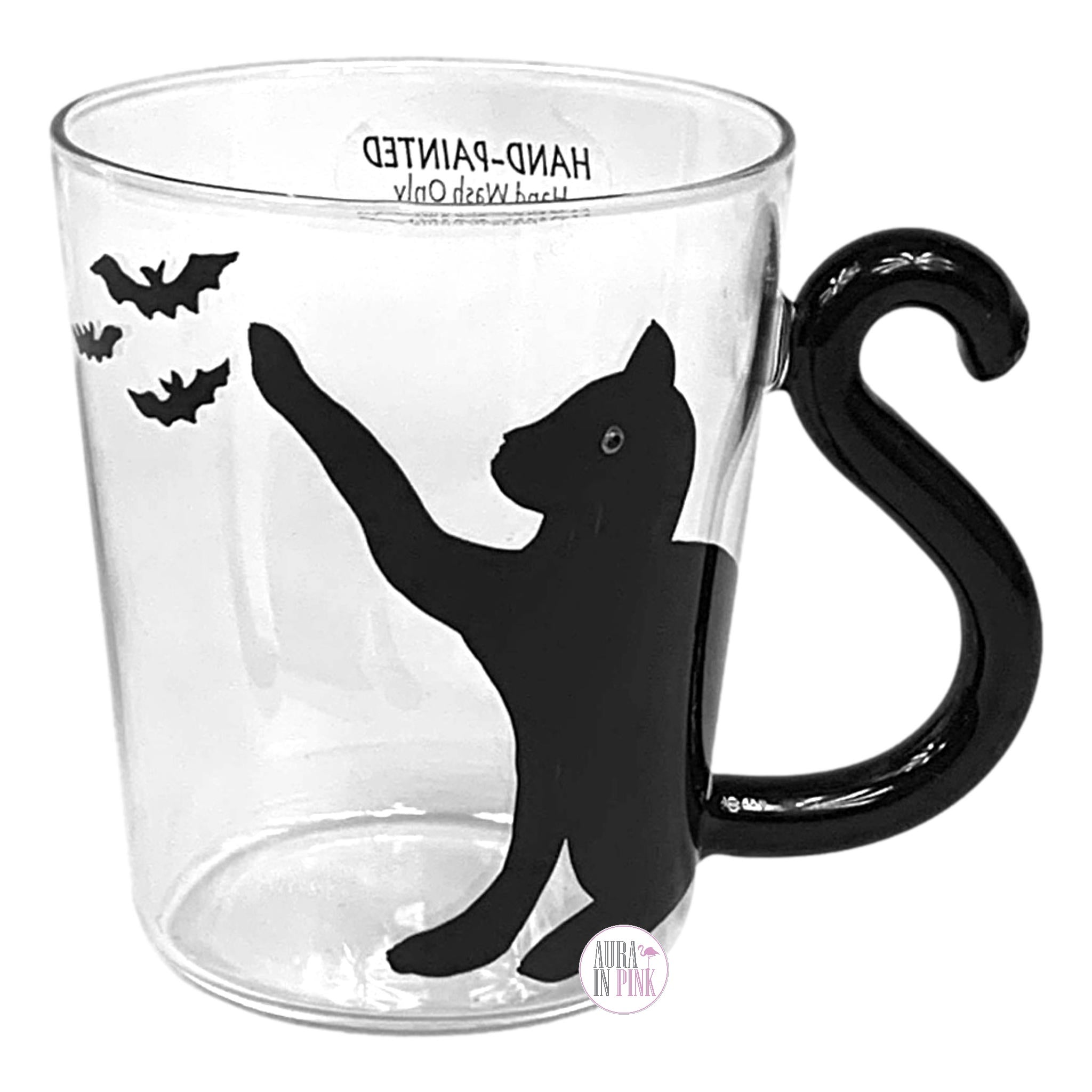 Black Cat & Bats Curled Cat Tail Handle Clear Glass Hand Painted Coffe –  Aura In Pink Inc