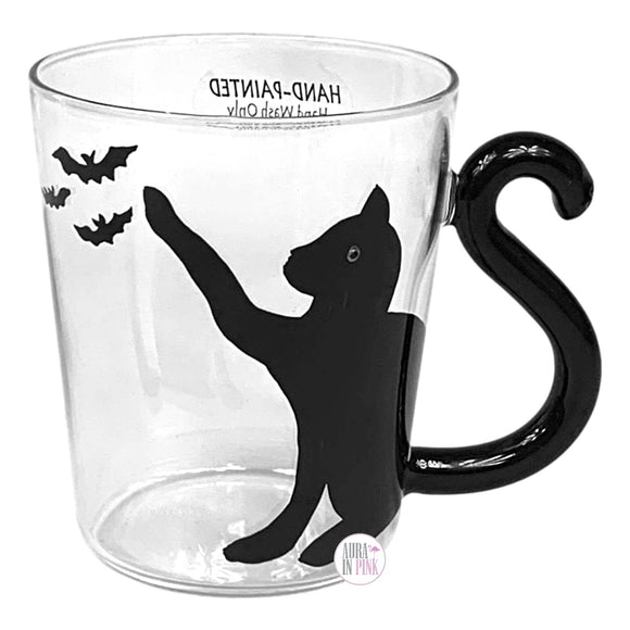 Black Cat & Bats Curled Cat Tail Handle Clear Glass Hand Painted Coffee Mug - Aura In Pink Inc.