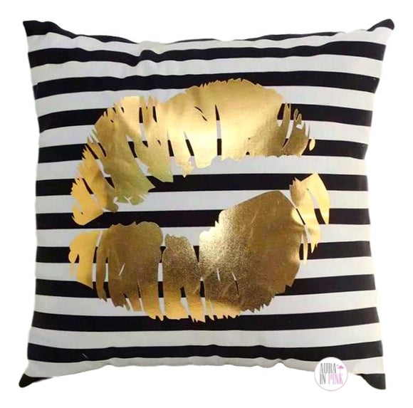 Luxurious Striped Gold Foil Lip Kiss Print Throw Cushion - Aura In Pink Inc.