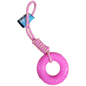 Brooklyn Pet Gear Bubblegum Pink Squeaky Rubber Donut Ring On Rope Dog Toy