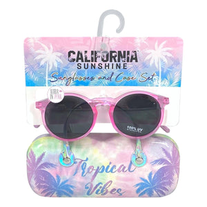 California Sunshine Pink Sunglasses & Tropical Vibes Palm Trees Case Set