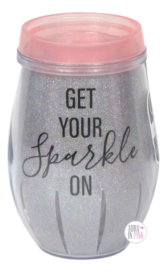 Cantini Get Your Sparkle On Silver Glitter Stemless Wine Goblet w/Pink Lid - Aura In Pink Inc.