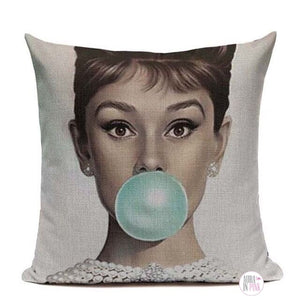 Luxurious Audrey Hepburn Turquoise Bubble Gum Print Throw Cushion - Aura In Pink Inc.