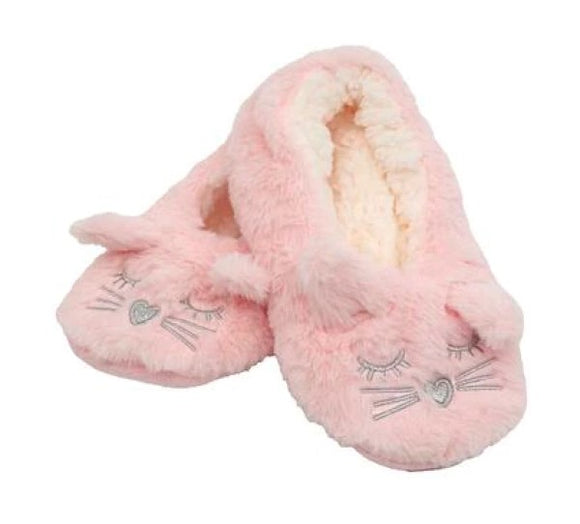 Capelli New York Ladies Pink Faux Fur Kitty Cat Silver Embroidered Slipper Sock w/Bottom Grippers
