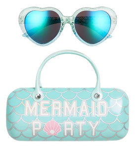 Capelli New York Turquoise Mermaid Party Kids Glitter Heart Sunglasses & Iridescent Scales Case Set - Aura In Pink Inc.