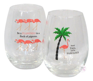 Circleware Flamingo Bay Stemless Flamingo Wine Glasses - Boxed Set of 2 - Aura In Pink Inc.