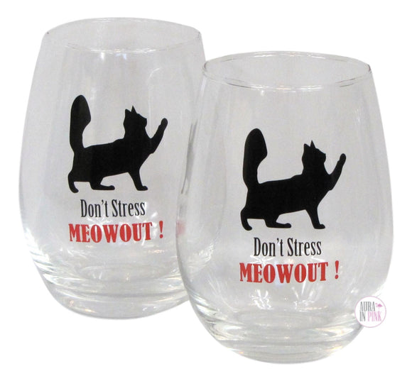 Circleware Happy Pals Don't Stress Me Out Cat Stemless Wine Glasses Boxed Set of 2 - Aura In Pink Inc.