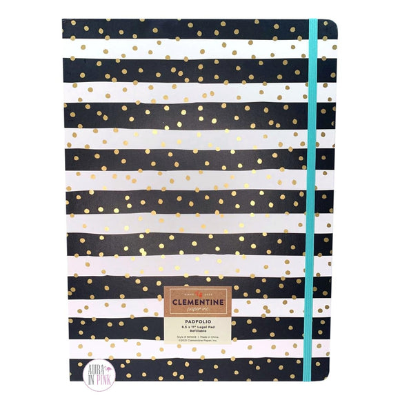 Clementine Paper Black & White Stripe Gold Confetti Dots Padfolio w/Ruled Notepad