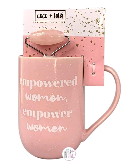 Coco + Lola Premium Collection Empowered Women Empower Women Fine Porcelain Coffee Mug w/Pink Quartz Facial Roller Set - Aura In Pink Inc.