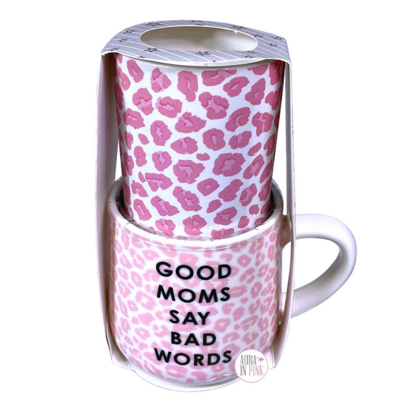 Coco + Lola Premium Collection Good Moms Say Bad Words Pink Leopard Print Fine Porcelain Mug w/Vanilla Scented Candle Set