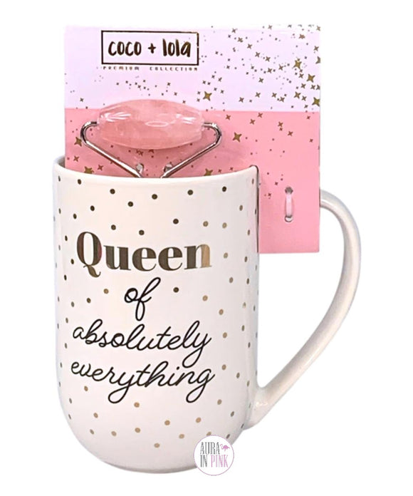 Coco + Lola Premium Collection Queen Of Absolutely Everything Fine Porcelain Coffee Mug w/Pink Quartz Facial Roller Set - Aura In Pink Inc.