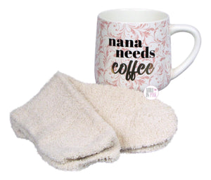 Coco + Lola Premium Collection Nana Needs Coffee & Wife Mom Boss Coffee Mug & Reading Socks Boxed Sets - Aura In Pink Inc.