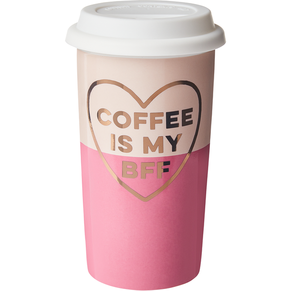 Coffee Is My BFF Rose Gold Heart Two-Tone Pink Porcelain Travel Mug w/Silicone Lid