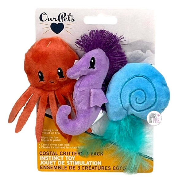 Cosmic Pet OurPets Coastal Critters Octopus, Seahorse, Snail 3-Pack Cat Catnip Crinkle Toys Set - Aura In Pink Inc.