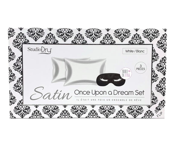 Danielle Studio Dry Once Upon A Dream Dual White Satin Pillowcase & Eyelashes Black Sleep/Travel Mask Set
