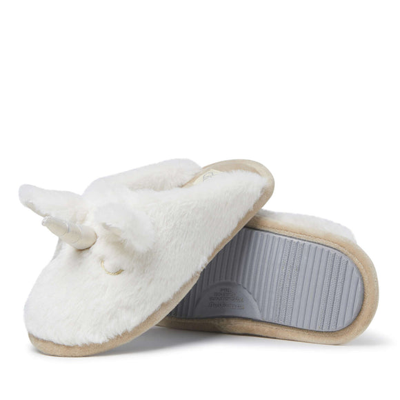 Dearfoams Ladies Latte Plush Sleepy Unicorn Slippers - Aura In Pink Inc.