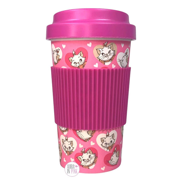 Disney The Aristocats Love Marie Pink Hearts Reusable Bamboo Travel Mug w/Sleeve & Lid