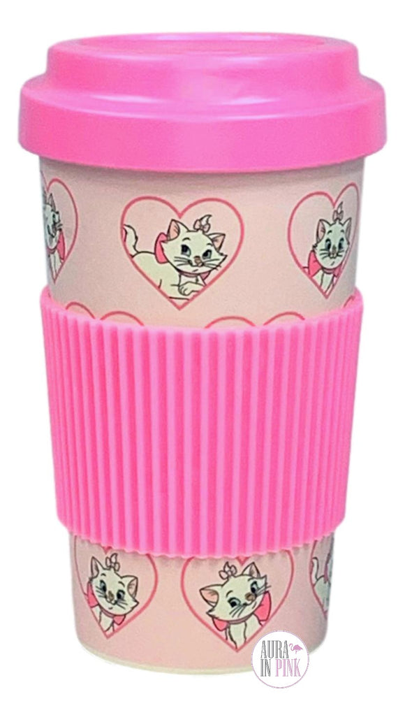 Disney The Aristocats Marie Cat In Hearts Pink Reusable Bamboo Travel Mug w/Sleeve & Lid - Aura In Pink Inc.