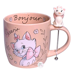 Disney The Aristocats Marie Cat Peach Ceramic Coffee Mug & Figurine Stir Stick Set