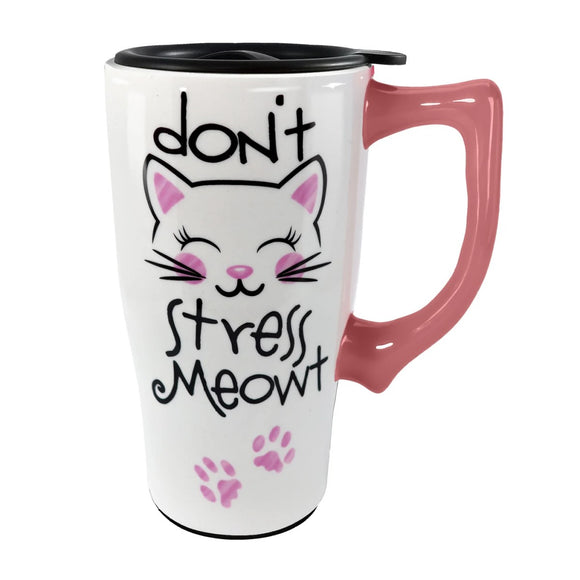 Don't Stress Meowt Cat Tall Ceramic Travel Mug w/Handle & Locking Lid