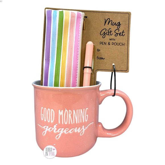 Eccolo Good Morning Gorgeous Peachy Pink Large Coffee Mug w/Pen & Rainbow Pouch Gift Set