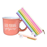Eccolo Good Morning Gorgeous Peachy Pink Large Coffee Mug w/Pen & Rainbow Pouch Gift Set