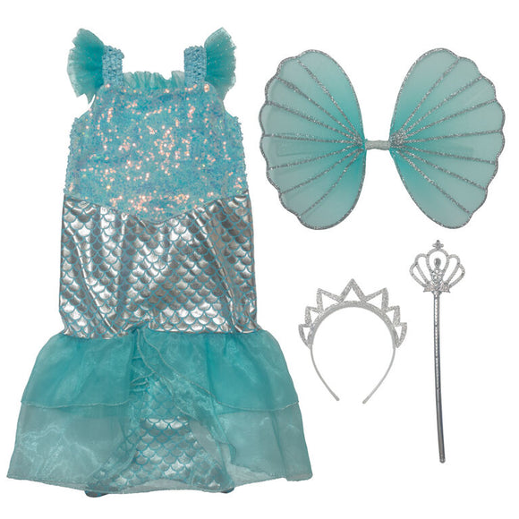 Elly & Emmy Girls 4-Piece Sequin Aqua Mermaid Dress Up Set w/Accessories - Assorted Sizes - Aura In Pink Inc.