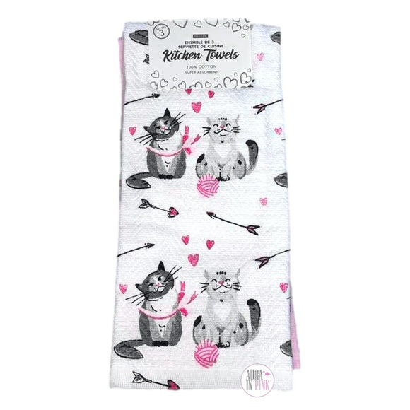 Envogue Cat Love White & Pink 3-Piece Cotton Kitchen Tea Towel Set