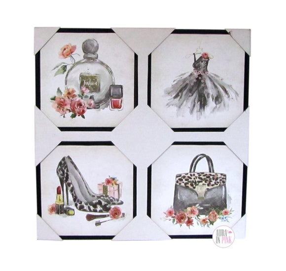 Fashion Print Quad Framed Canvas Wall Art - Perfume, Dress, High Heel Shoes, Handbag - Aura In Pink Inc.