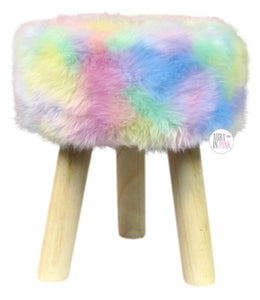 Luxurious Cotton Candy Pastel Rainbow Faux Fur Wooden Tri-Leg Stool - Aura In Pink Inc.