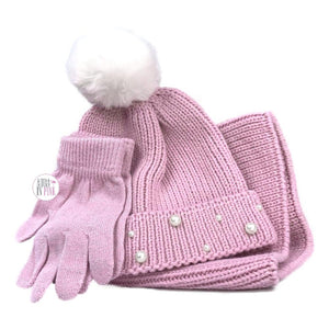 First Steps By Stepping Stones Girls' Sparkles & Pearls Pink Chunky Knit Pom Pom Hat, Scarf, & Gloves Set