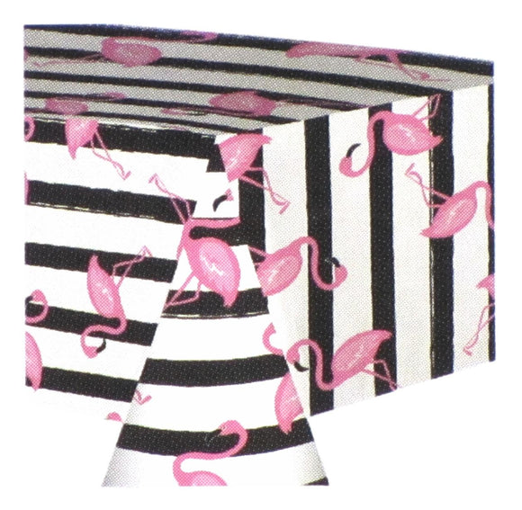 Pink Flamingo Black & White Striped Flannel-Backed Table Cloth - Aura In Pink Inc.