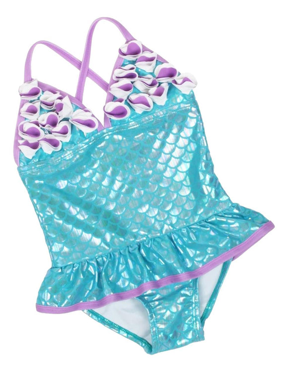 Floatmini Purple Floral Top Iridescent Aqua Mermaid Scales Tutu Girls Bathing Suit - Aura In Pink Inc.