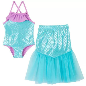 Floatmini Ruffle Top Aqua Iridescent Scales Mermaid Tail Skirt Girls Bathing Suit - Aura In Pink Inc.