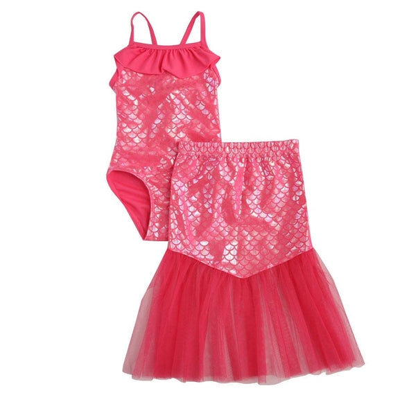 Floatmini Ruffle Top Pink Iridescent Scales Mermaid Tail Skirt Girls Bathing Suit - Aura In Pink Inc.