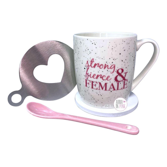 Frankie Grey Strong, Fierce & Female Speckled White Coffee Mug, Topper, Spoon, & Coaster Boxed Set