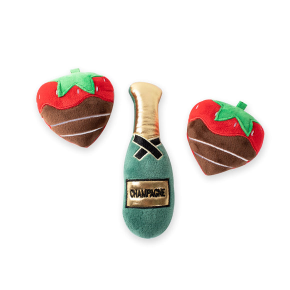 Fringe Toybox Love Drools Champagne & Chocolate Covered Strawberries Squeaky Plush 3-Pc Mini Dog Toy Set - Aura In Pink Inc.