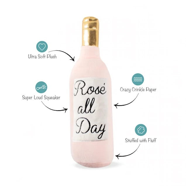 Fringe Toybox Ros All Day Pink Wine Bottle Squeaky Plush Dog Toy
