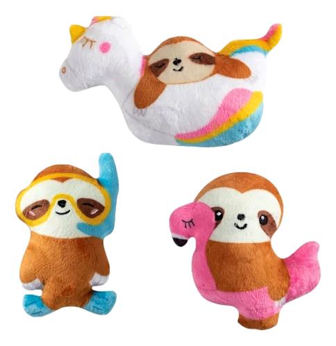 Fringe Toybox Summer Sloths Chillin' By The Pool Pink Flamingo Unicorn Pool Floaty Squeaky Plush 3-Pc Mini Dog Toy Set - Aura In Pink Inc.