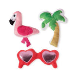 Fringe Toybox Sunny Daze Pink Flamingo Palm Tree & Sunglasses Squeaky Plush 3-Pc Mini Dog Toy Set - Aura In Pink Inc.