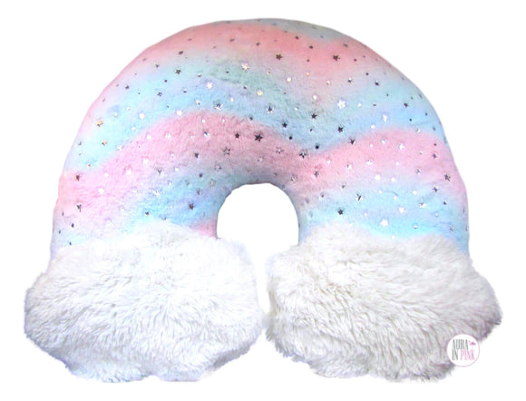 Frolics Kids Collection Pastel Cotton Candy Rainbow Cloud w/Silver Stars Faux Fur Plush Cushion - Aura In Pink Inc.