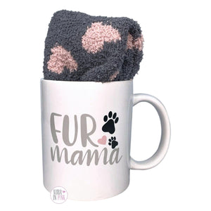 Fur Mama Paw Prints Coffee Mug & Heart Print Slipper Socks Boxed Set