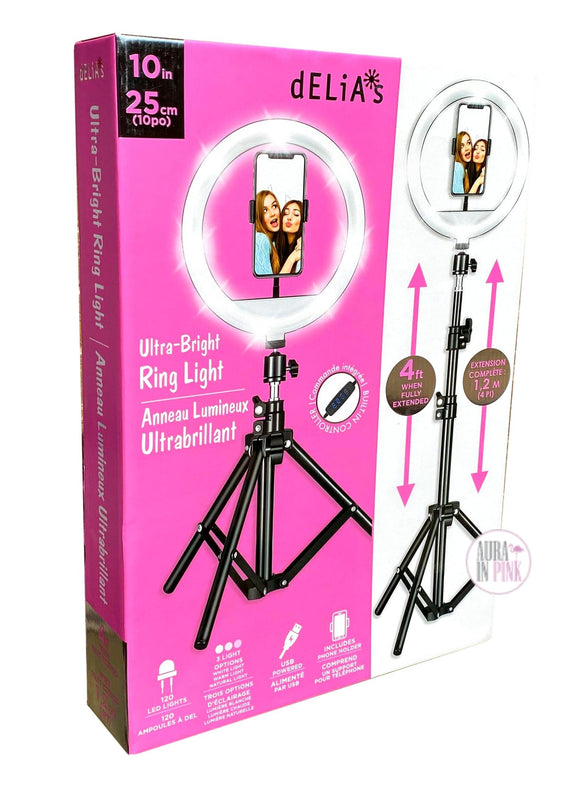 Gabba Goods Delia's 4 Ft Tall 10 Inch Ring Ultra-Bright LED Light w/Built In Controller - USB Powered, 3 Light Options , Phone Holder - Aura In Pink Inc.