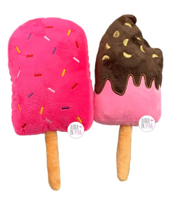 Giftable World Sprinkled Pink Chocolate Strawberry Ice Cream Popsicle Squeaky Plush Dog Toys 2-Pc Set - Aura In Pink Inc.