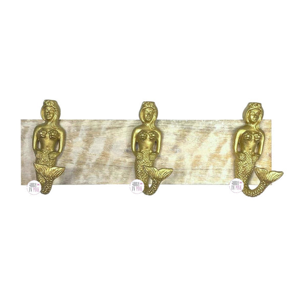Gold Meerjungfrau Trio Eisen Wandhaken auf verwittertem Holz