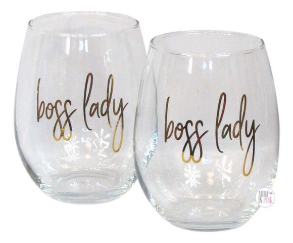 Harman Gold Script Boss Lady Stemless Wine Glasses - Boxed Set of 2 - Aura In Pink Inc.