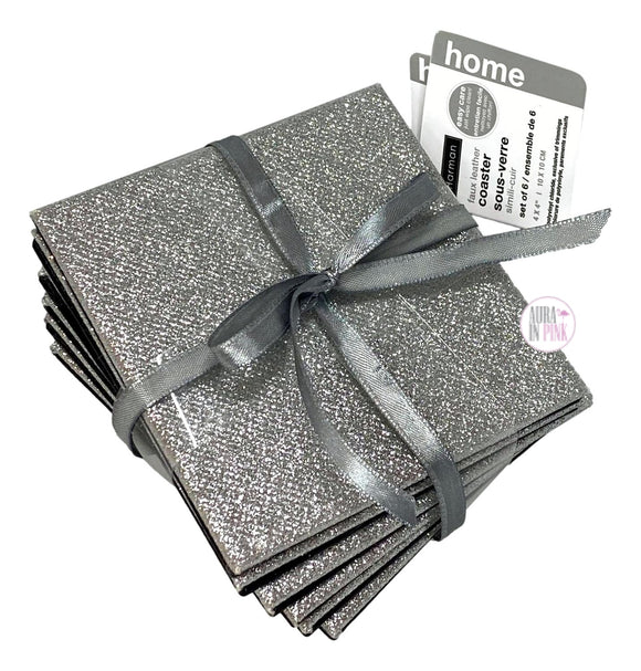 Harman Home Silver Frosted Glitter Bling Faux Leather Coaster Set of 6 - Aura In Pink Inc.